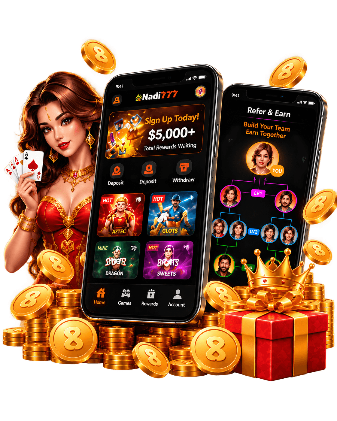 Nadi777 game and referral app screens, surrounded by gold coins and rewards